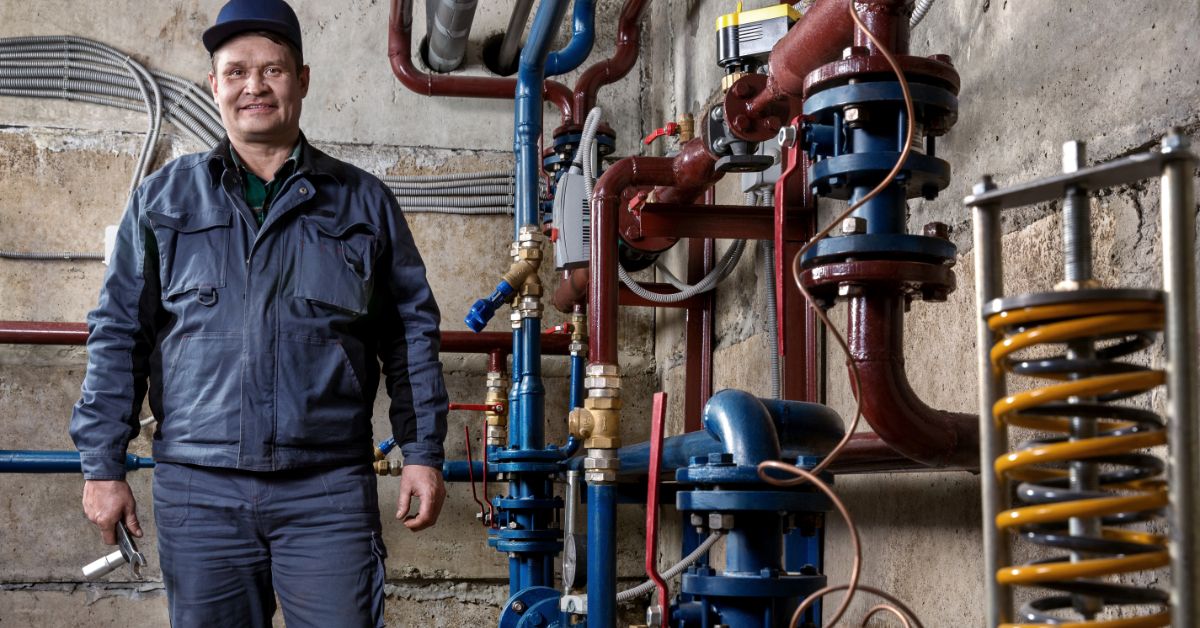 commercial plumbing in a boiler room surrounded by water pipes