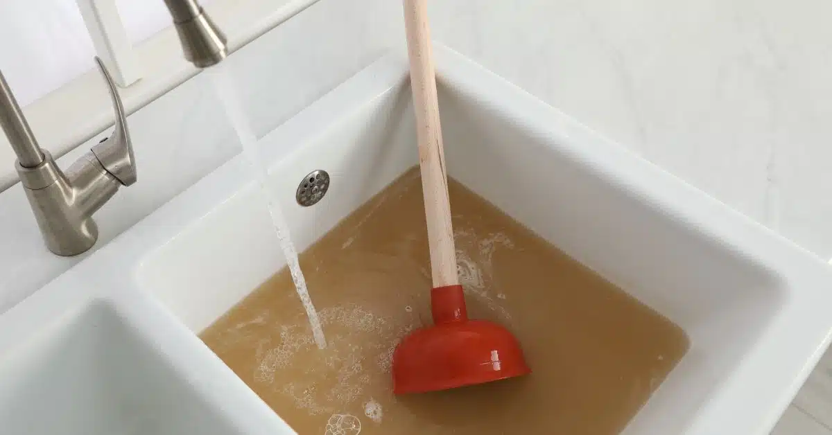 Blocked kitchen sink with a plunger in it