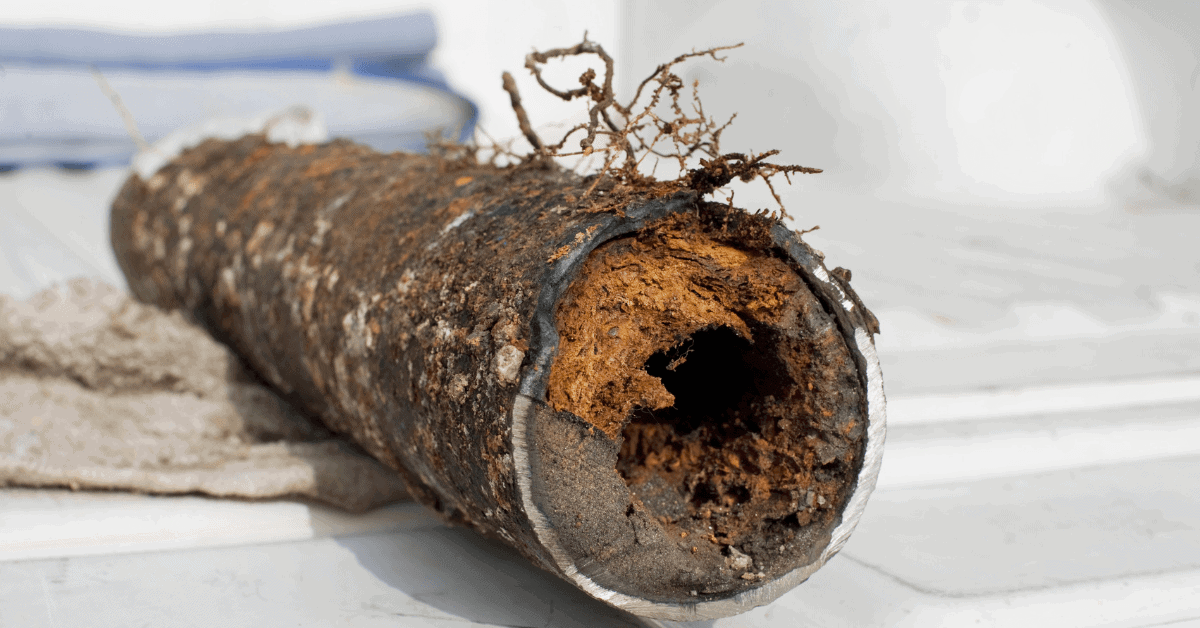 Rust-damaged drain pipe showing severe root intrusion 