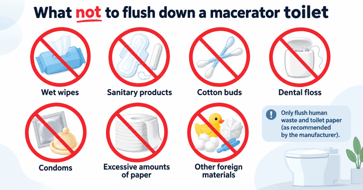 Items that should not be flushed down a macerator toilet 
