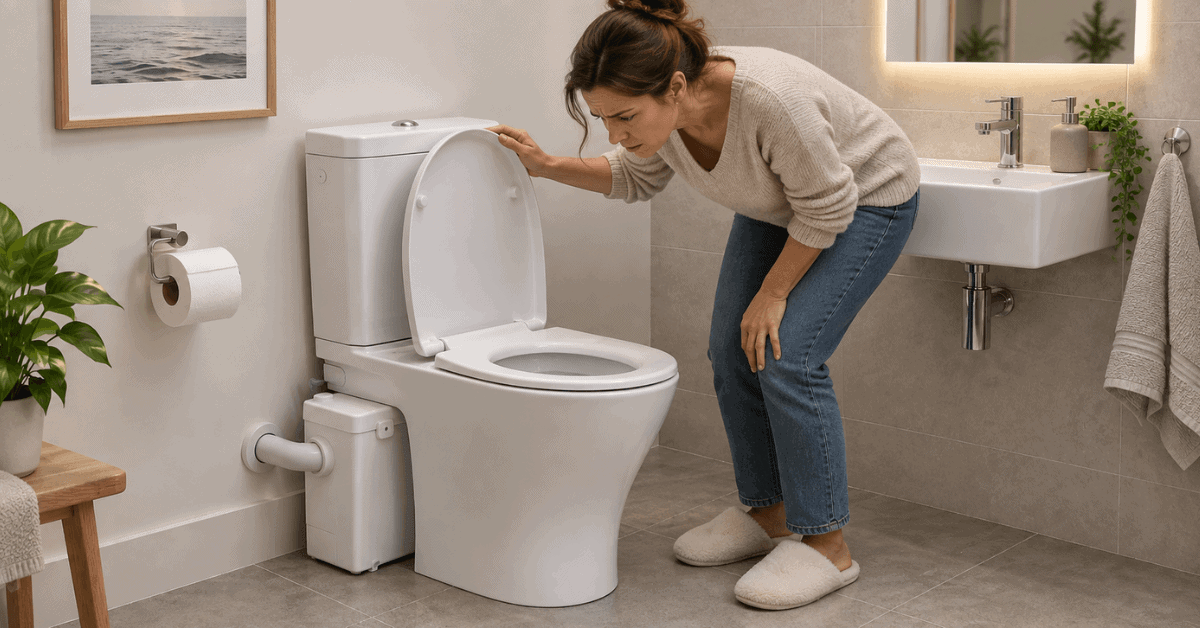 Woman inspecting a toilet with a macerator unit 