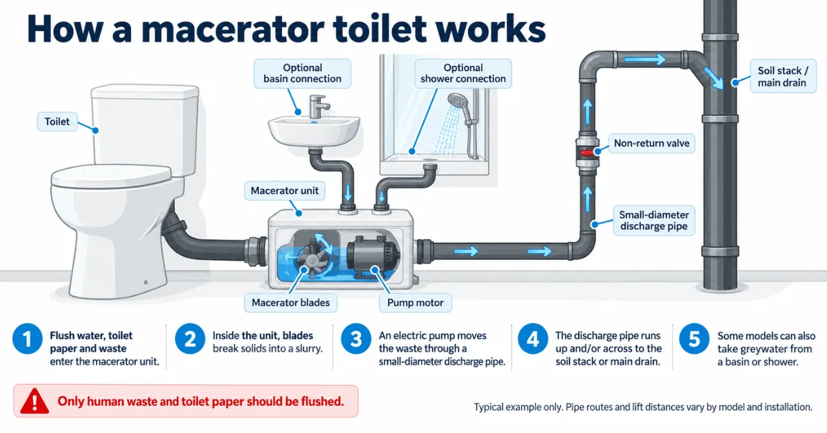 Diagram showing how a macerator toilet system works